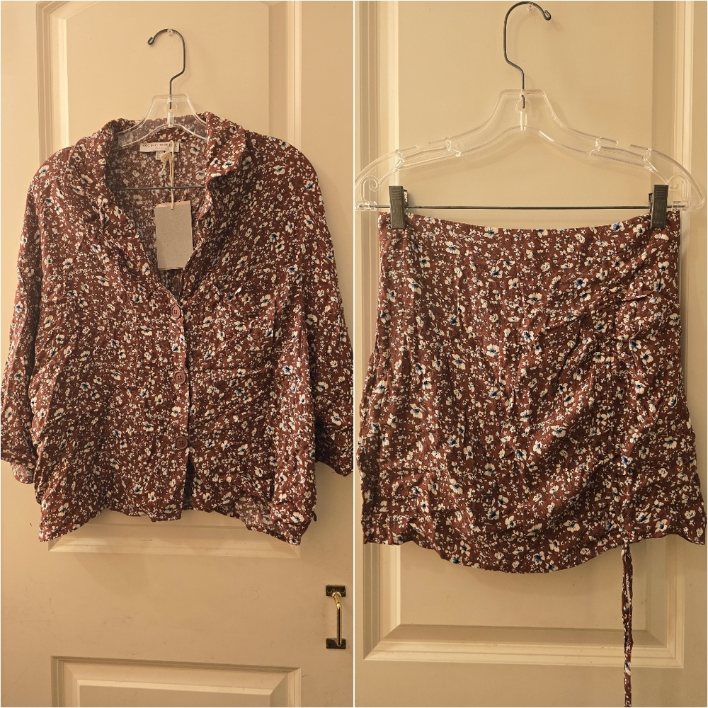 Pull&bear 2 pc beach set oversized top with matching skirt sz M rust with blue